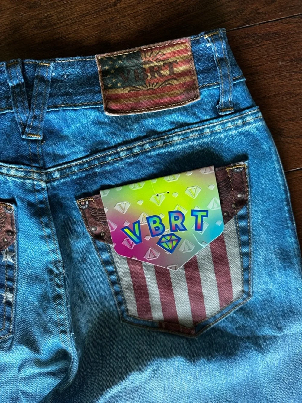 Vibrant VBRT Blue American Flag Wide-Leg Jeans NWT Stars Stripes Western - Picture 5 of 9